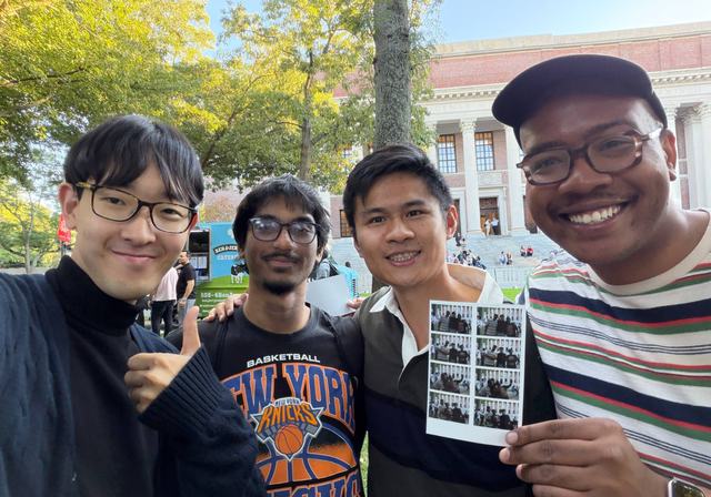 Friends in front of Widener Library